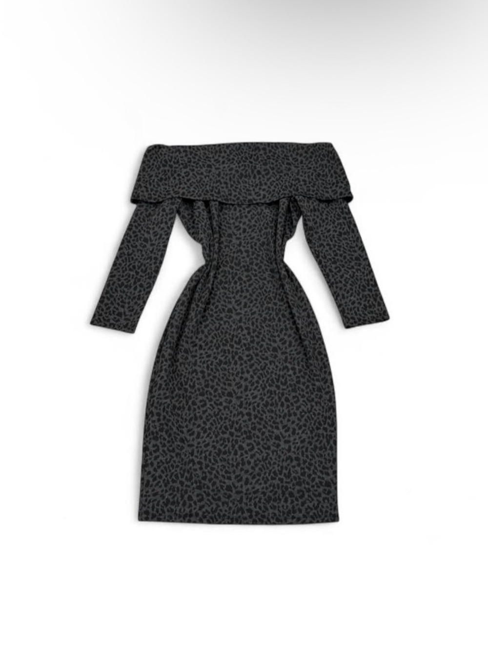 Off-The-Shoulder Black Leopard Midi Dress
